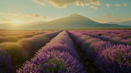 Blooming lavender fields with a distant mountain backdrop --ar 16:9 Job ID: 2a8ebf85-49c7-434e-8438-8cc2c56cba9c