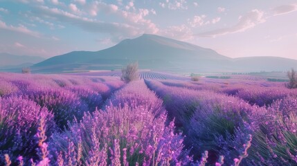 Blooming lavender fields with a distant mountain backdrop --ar 16:9 Job ID: 4c1e3b7c-da2e-4428-9dae-468315d0b8a4