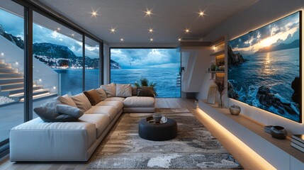 A modern basement haven with adjustable LED strips, boasting a comfortable sectional sofa and a large flat-screen TV for movie