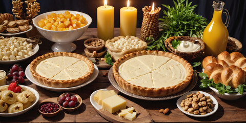 Symbols of jewish holiday - Shavuot: Cheeses, Breads, Fruits, and Nuts. A wooden table overflowing with a variety of cheeses, breads, fruits, nuts, and a glass of milk.