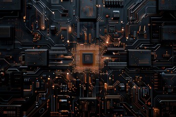 Fototapeta premium A close up of a computer chip with a black background. The chip is surrounded by a black border and is lit up with orange lights