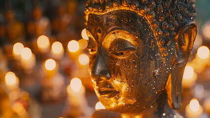 A golden Buddha statue surrounded by glowing candles.