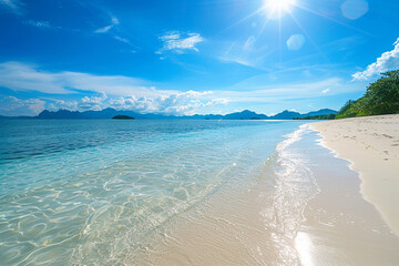 A tropical beach with soft, white sand and calm, clear water, with distant mountains and a bright sunny sky, perfect for a summer holiday