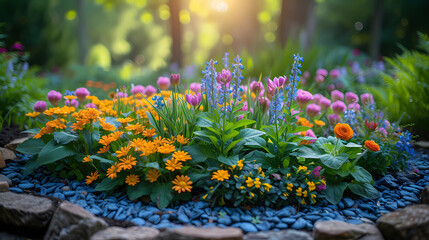 a vibrant garden bed with blossoming flowers and luscious green foliage, surrounded by a calendar marked with various last frost dates.