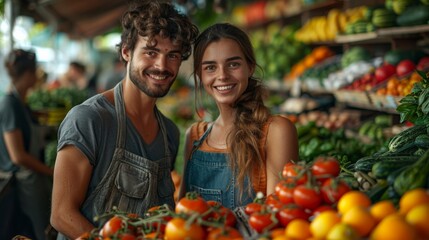 Obraz premium Depict a couple shopping at a local farmers market, selecting ripe, seasonal produce from nearby vendors to create a vibrant