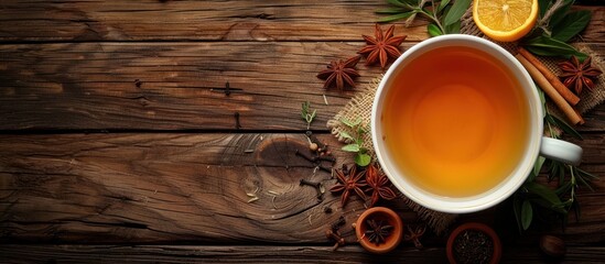 A cup of tea with orange slice and spices - Powered by Adobe