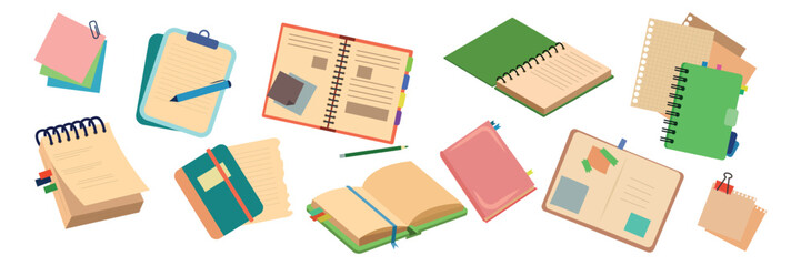 Set of a large collection of notebooks in cartoon style. Vector illustration of different notebooks, organizers, colored sheets, pen and pencil isolated on white background. Open and closed notebooks.