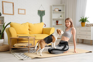 Sporty young woman with cute Beagle dog doing yoga on mat at home
