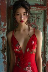 Naklejka premium Elegant Woman in Red Floral Dress Standing by Antique Door 