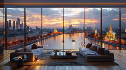 Depict a stylish urban residence with floor-to-ceiling windows offering panoramic vistas of Moscows...