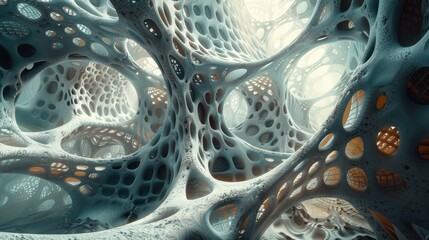 The image is a 3D rendering of an organic structure. It is made up of a network of interconnected cells, which are arranged in a honeycomb-like pattern and could be used in architecture, medicine, and