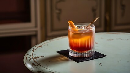 Old fashioned cocktail with orange and cherry on wooden table