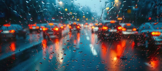 Bustling traffic on rainy city street