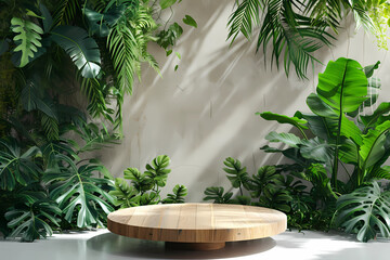 Wooden platform pedestal in tropical forest for product presentation on white background