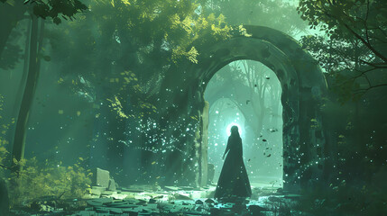 a girl standing in the forest cast a spell in front of the magic entrance, digital art style,...