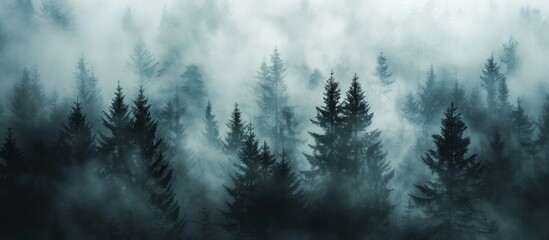 Dense forest shrouded in fog
