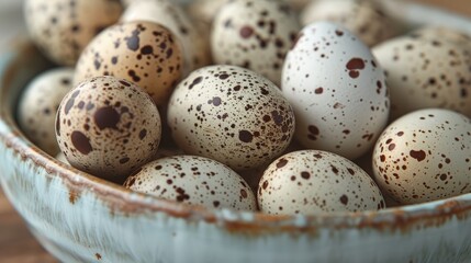 Obraz premium a large number of small spotted quail eggs on the table, fresh quail eggs on the table while cooking a dish with eggs