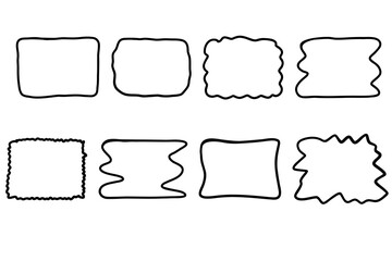 Rectangle frame set. Doodle wavy curve deformed textured frames. Border sketch square. Vector illustration isolated on a white background.