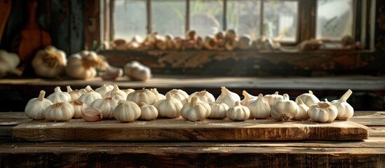 Pile of garlic on wooden table