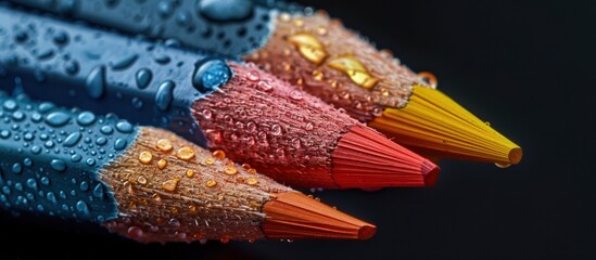 Colorful pencils adorned with water droplets
