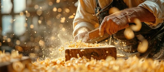 Man cutting wood with large knife