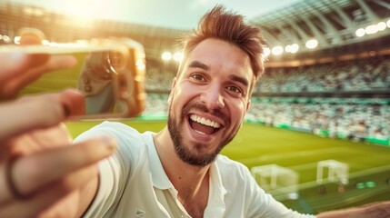 a man taking a selfie at a football stadium