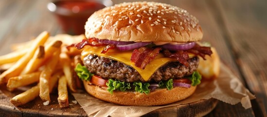 Delicious cheeseburger with bacon, lettuce, and onions on wooden table