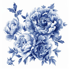 Blue and white porcelain style peonies, in the style of Chinese traditional pattern ink painting, hand drawn, with simple lines, on a white background