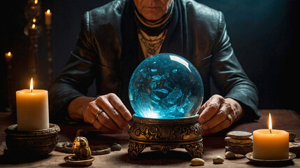 Fortune teller with illuminated crystal ball or magic orb for future prediction. Horoscope, fate concept. Astrologist reading future