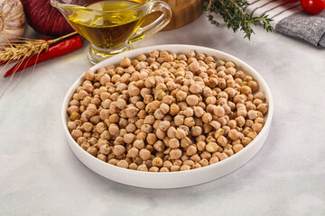 Dry chickpea seeds heap in the bowl
