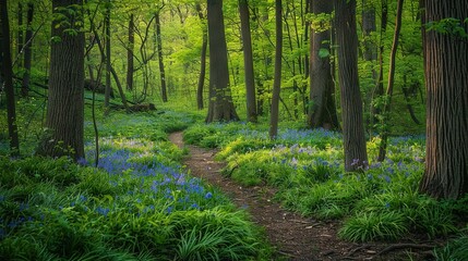 Fototapeta premium A trail surrounded by trees, with bluebell flowers lining the way