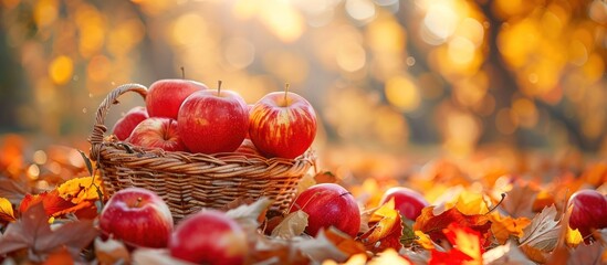 A basket filled with red apples rests on top of a mound of autumn leaves.