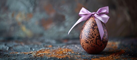 Easter egg with purple bow on table