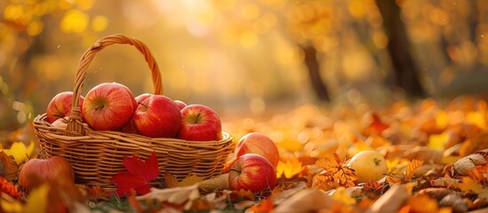 A basket filled with red apples sits atop a mound of fallen leaves, showcasing a quintessential autumn scene.