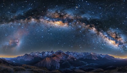 Fototapeta premium Panoramic view of the Milky Way galaxy over a rocky mountain range in Colorado Generative AI