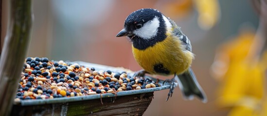Bird sitting on top of bird feeder