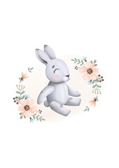 Watercolor digital illustration of a plush bunny sitting against a watercolor spot with a floral composition of cute flowers in pastel tones. Suitable for printing on finished products.