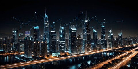 Fototapeta premium High-tech City Lights: Illuminated Skyline at Dusk