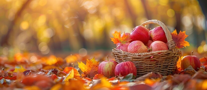 Basket of apples on leaves
