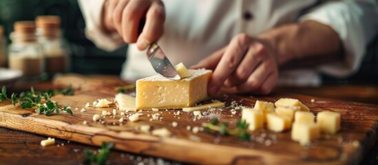 Person slicing cheese with a knife on cutting board