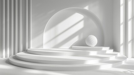 A white room with a white archway and a white ball on a pedestal. The room is empty and the ball is the only object in it