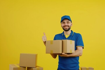 A delivery man, dressed in uniform and cap, is giving a thumbsup gesture while holding packages against a yellow backdrop, symbolizing efficient courier service and customer satisfaction