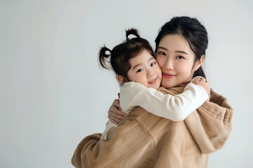 A young Asian woman and her daughter are both smiling. A woman and a child