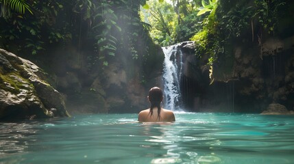 A woman enjoys a serene moment in a lush jungle pool, with a stunning waterfall in the background and sunlight filtering through the trees.