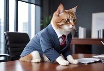 Funny, humorous White cat. Costumed, dress up. comedy, suit, boss. Orange cat. 
