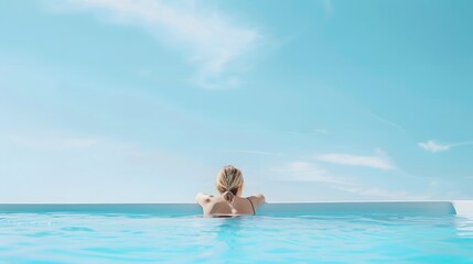 A woman with blonde hair enjoys a peaceful swim in an infinity pool under a clear blue sky, embracing tranquility and relaxation.