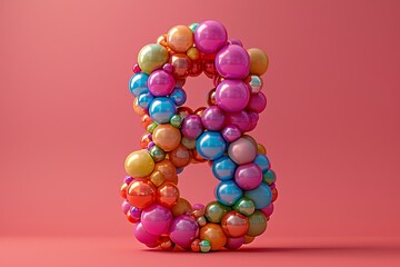 Number eight is made up of many colorful balloons on pink background