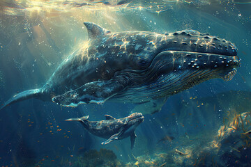 Fototapeta premium An adult whale and a newborn calf underwater. Generated by artificial intelligence