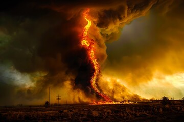 Fire tornado causing destruction in a field. Natural disaster, cataclysm concept. Cyclone, hurricane, storm. Climate change. Design for banner, wallpaper
