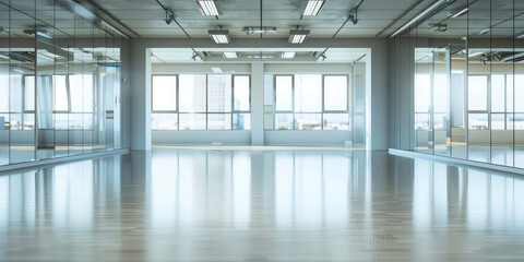Empty Interior of dance or fitness studio hall with mirrors, windows. Copy space mockup background.